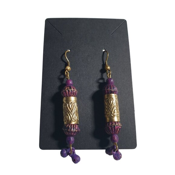 Vintage Handcrafted Brass Purple Beaded Dangle Earrings Boho Bali Core Design - Picture 3 of 7